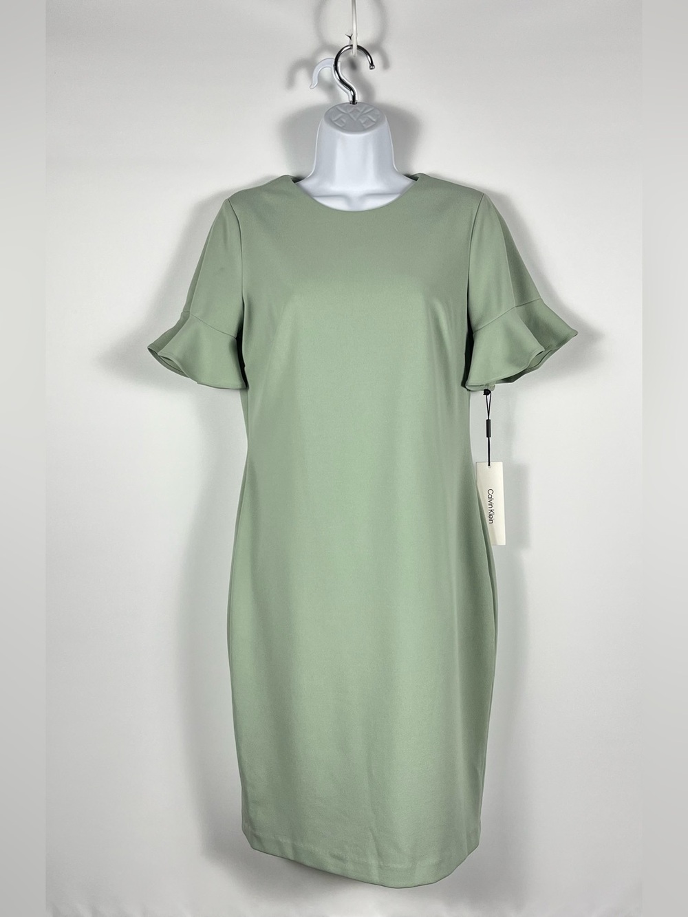 Calvin Klein Scuba Crepe Ruffle Sleeve Sheath‎ Dress In Green Sage Size 8 NWT